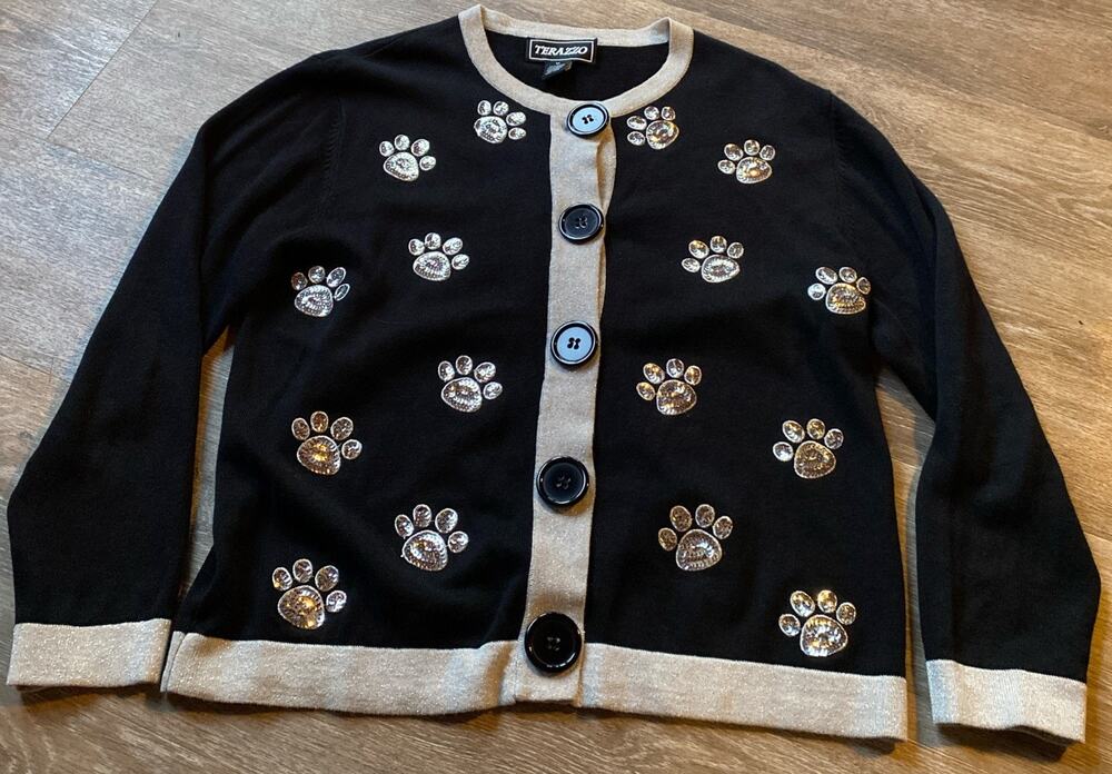 Terazzo Womens Paw Print Black Sequence Button Up Long Sleeve Dog Sweater Size M